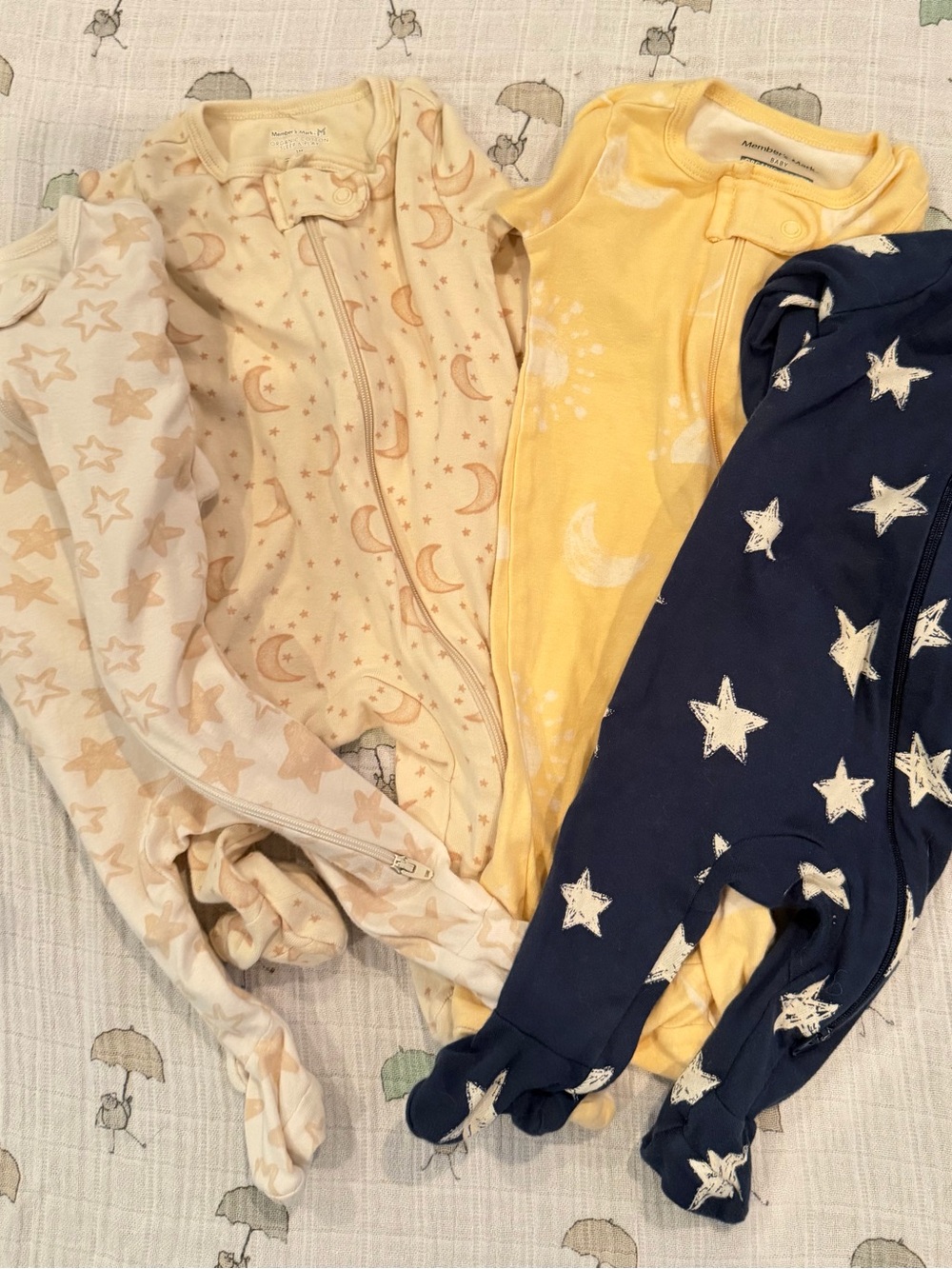 4 Piece Star & Moon Footed Baby Sleepers - Yellow, Navy, Cream  & beige organic